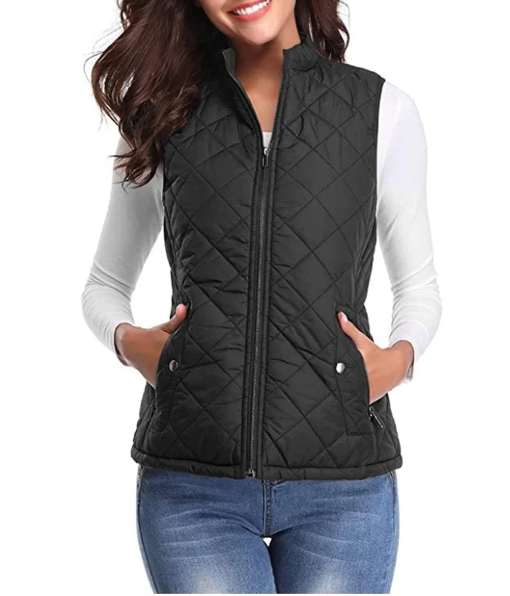 Women's quilted zip-up lightweight puffer vest stand collar – Black