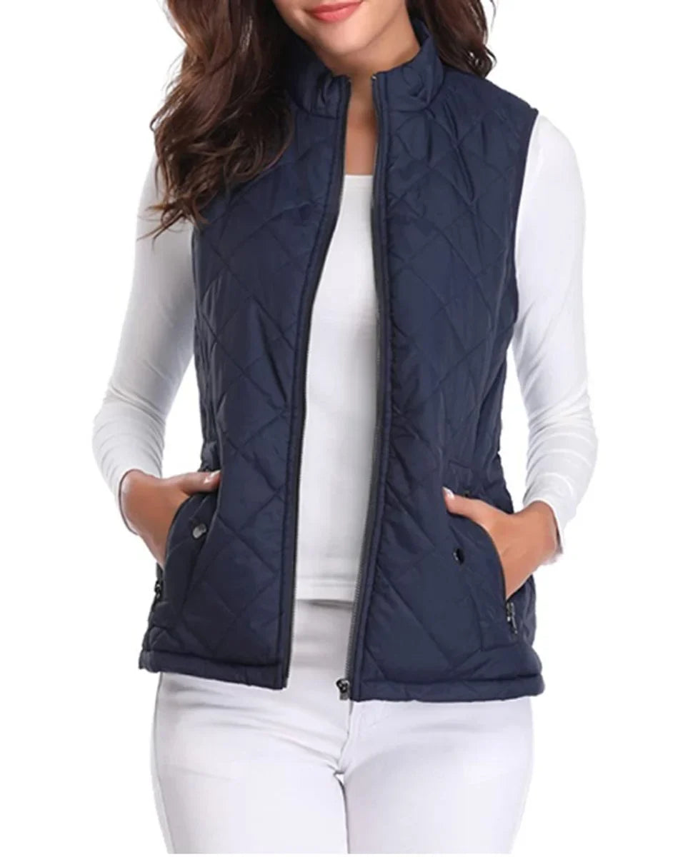 Women's quilted zip-up lightweight puffer vest stand collar – Blue