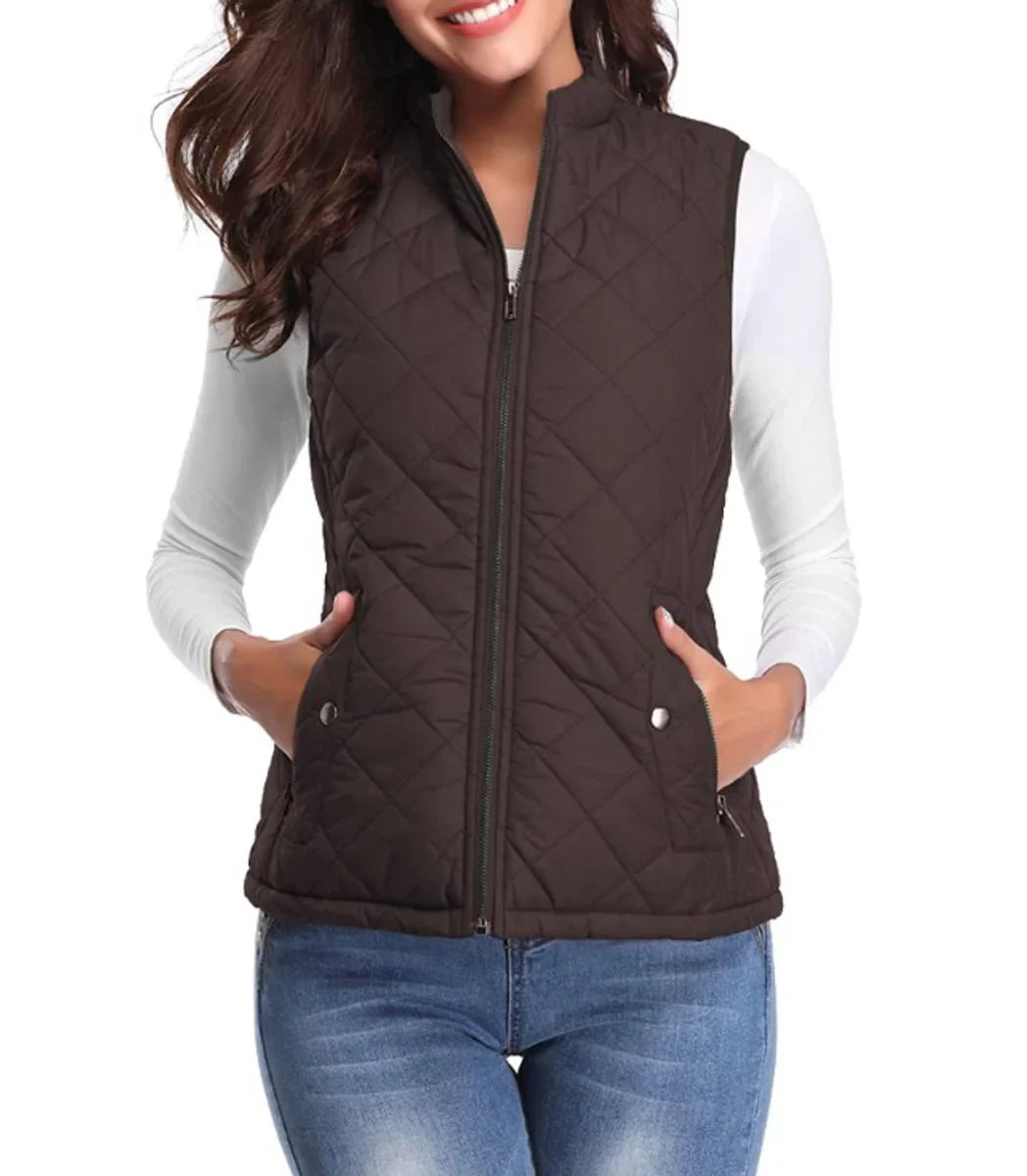 Women's quilted zip-up lightweight puffer vest stand collar – Brown