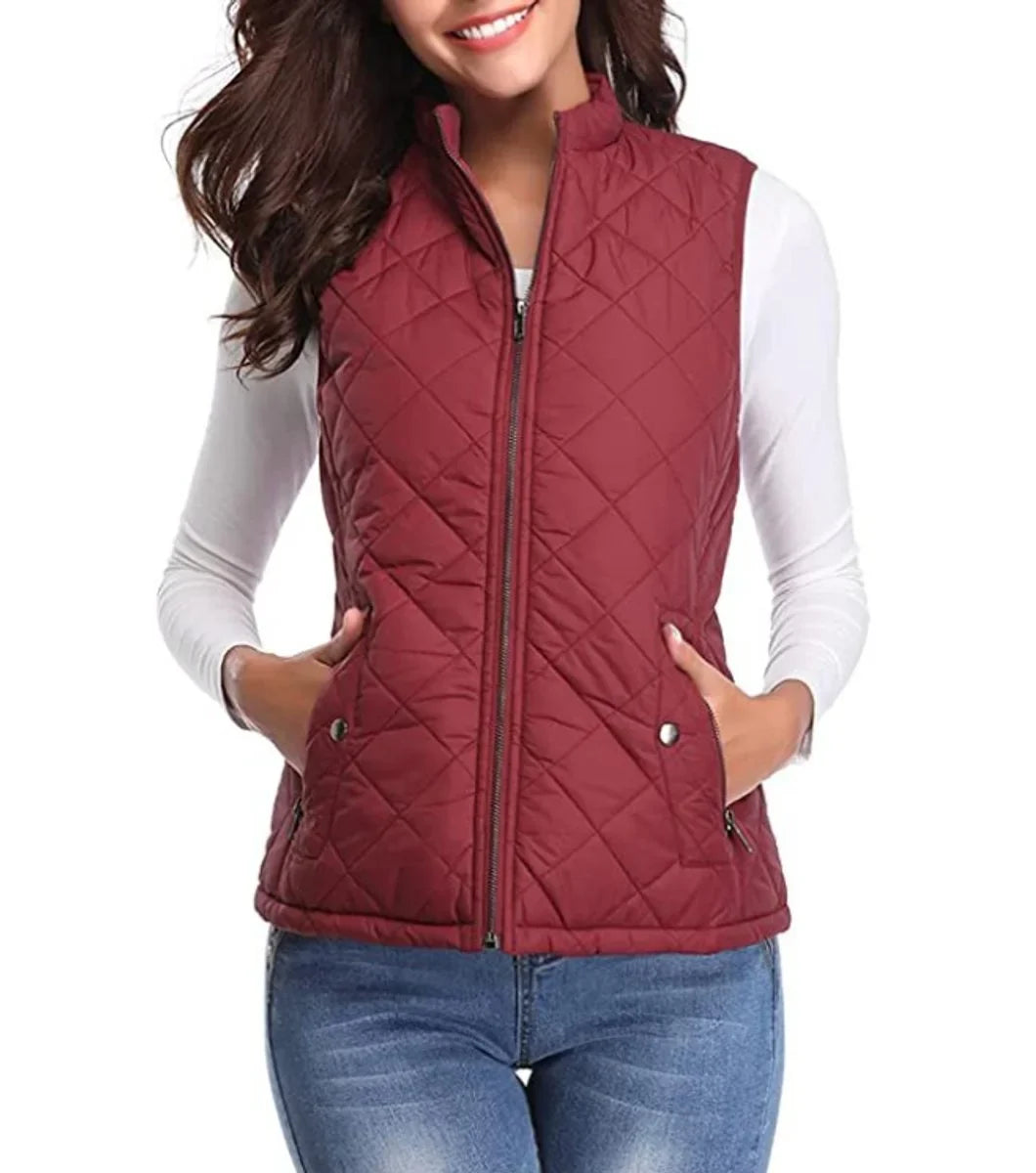 Women's quilted zip-up lightweight puffer vest stand collar – Burgundy
