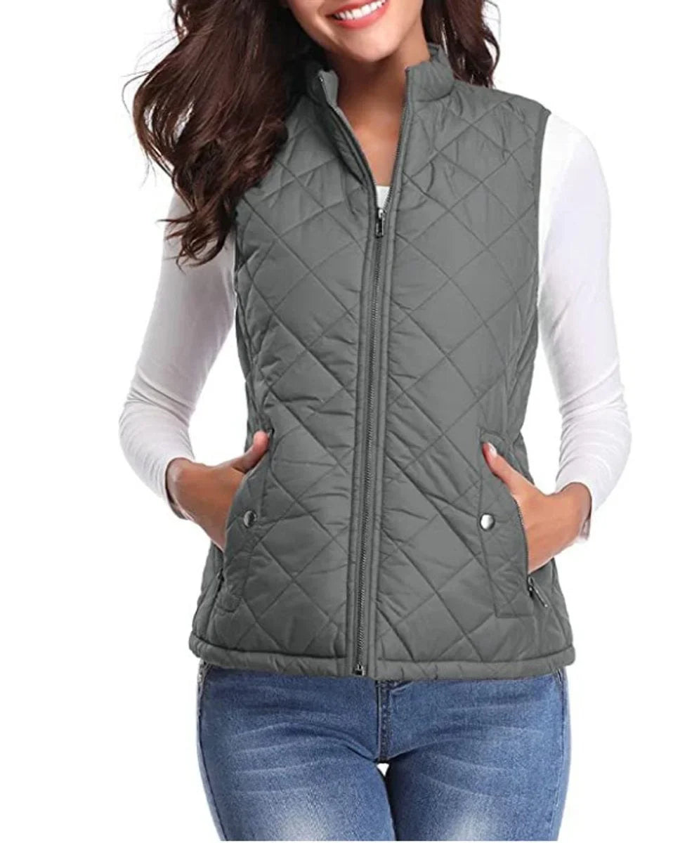 Women's quilted zip-up lightweight puffer vest stand collar – Gray