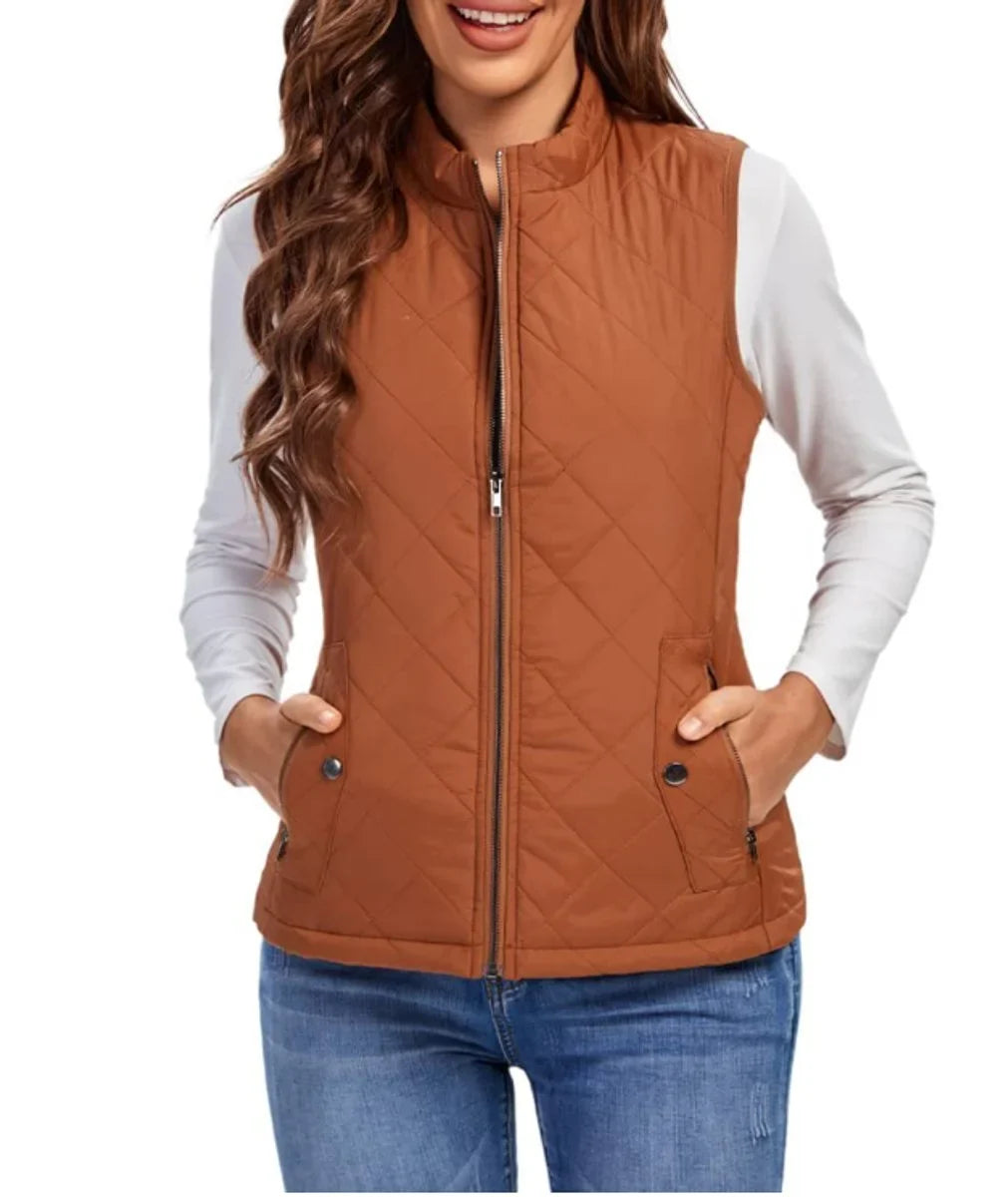 Women's quilted zip-up lightweight puffer vest stand collar – Khaki