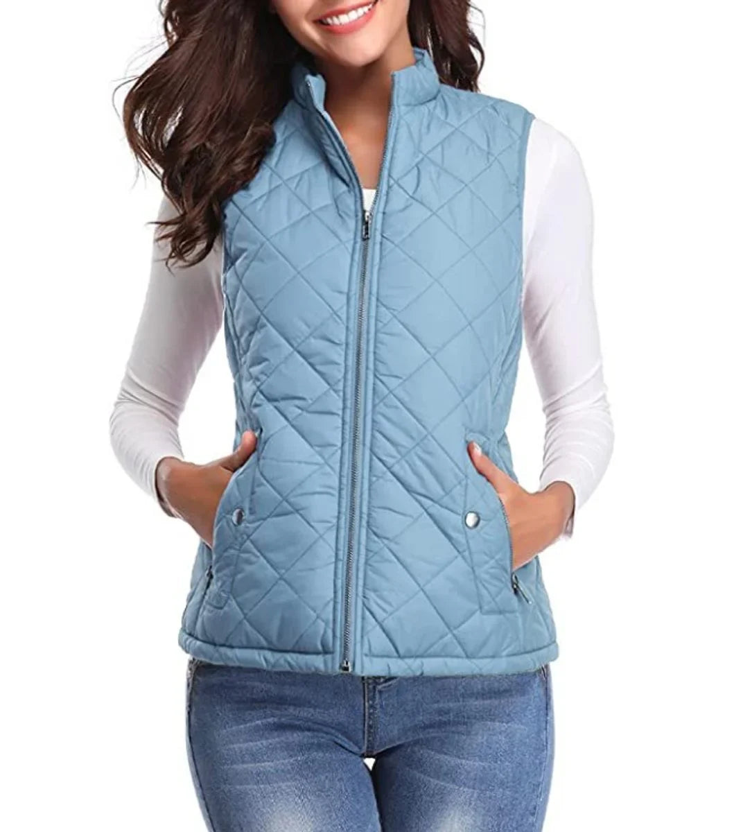 Women's quilted zip-up lightweight puffer vest stand collar – Light Blue