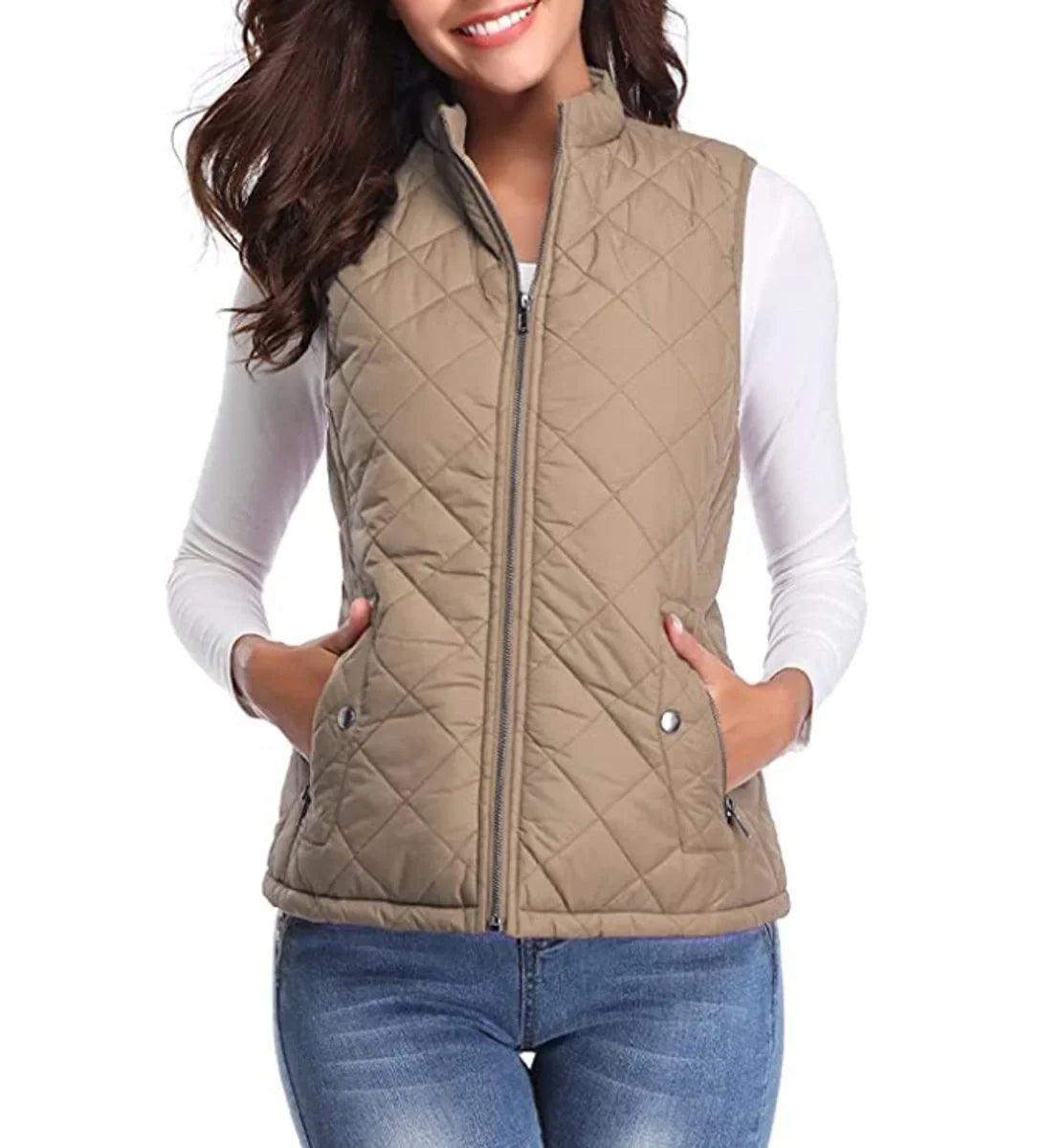 Women's quilted zip-up lightweight puffer vest stand collar – Light Mocha
