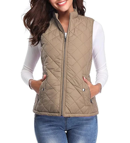 Women's quilted zip-up lightweight puffer vest stand collar – Light Mocha