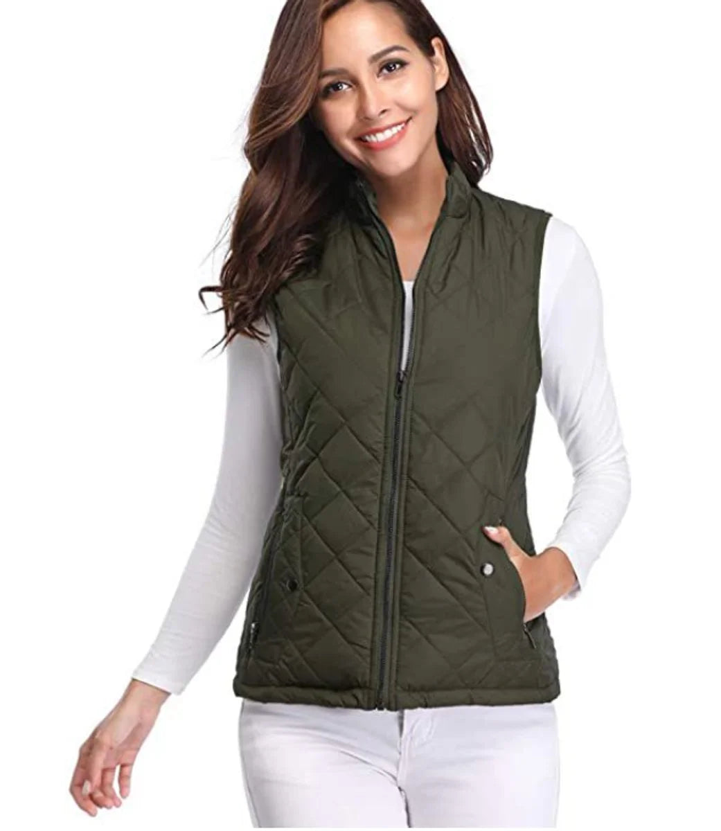 Women's quilted zip-up lightweight puffer vest stand collar – Olive Green