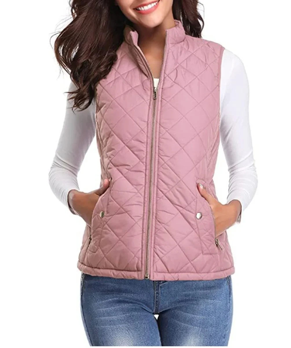 Women's quilted zip-up lightweight puffer vest stand collar – Pink