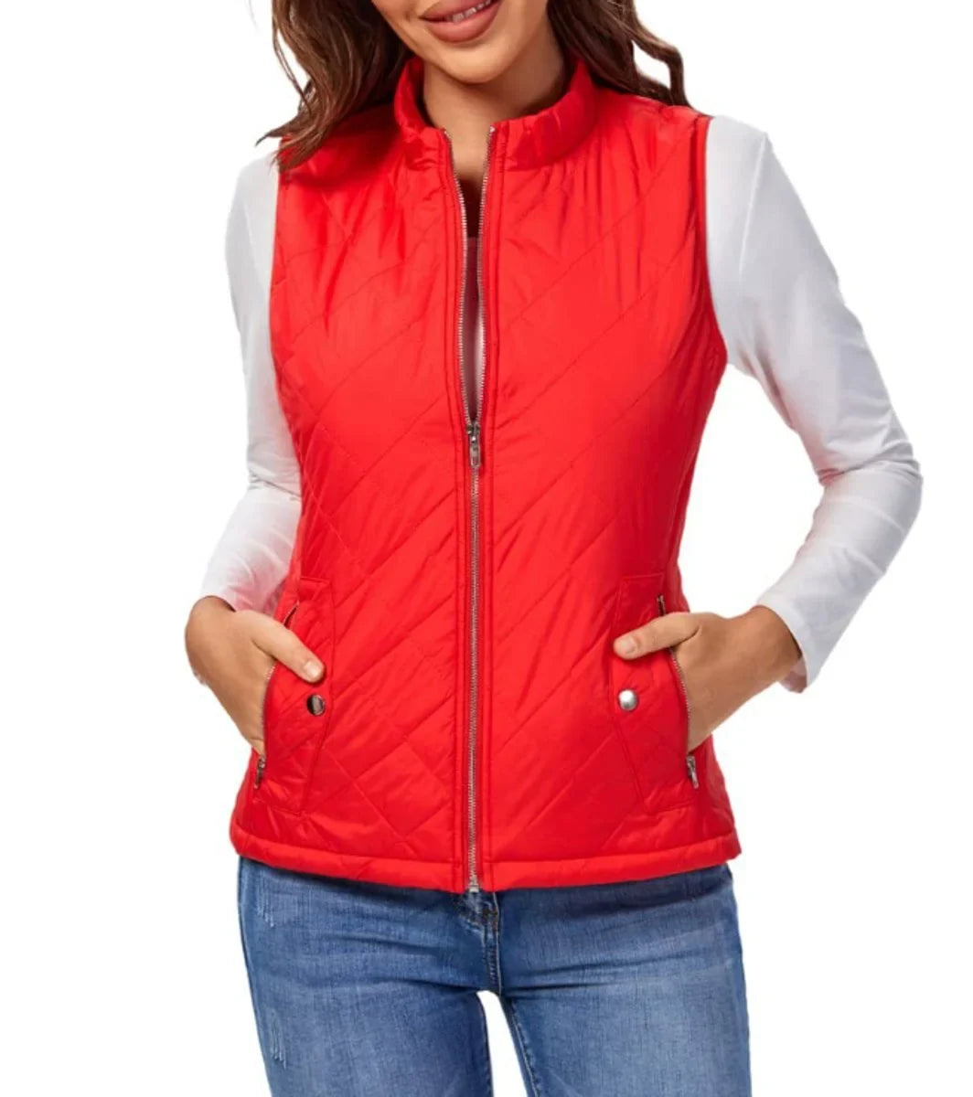 Women's quilted zip-up lightweight puffer vest stand collar – Red