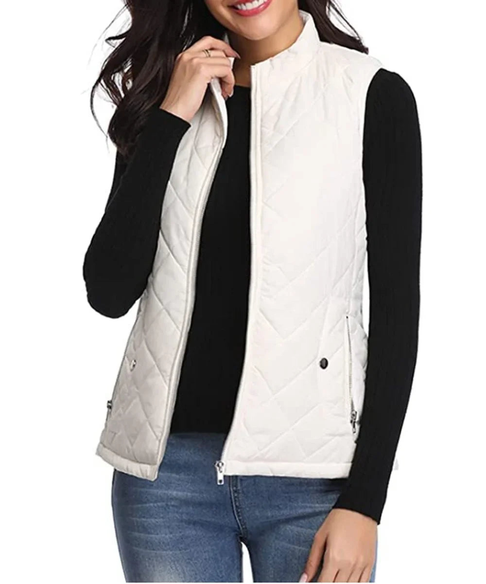 Women's quilted zip-up lightweight puffer vest stand collar – White