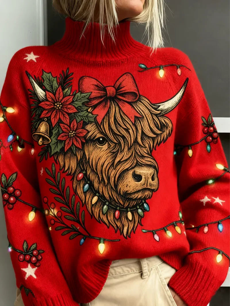Women's Christmas highland cow knit sweater with turtleneck and lights – Red