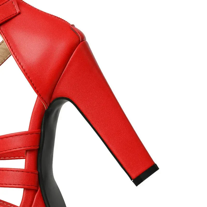 Women's leather strappy platform high-heel sandals with wide fit and buckle ankle-straps