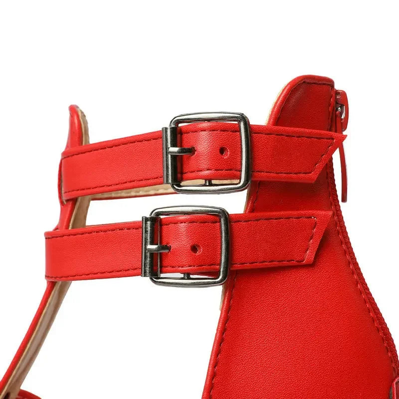 Women's leather strappy platform high-heel sandals with wide fit and buckle ankle-straps