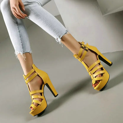 Women's leather strappy platform high-heel sandals with wide fit and buckle ankle-straps