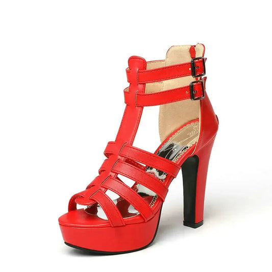 Women's leather strappy platform high-heel sandals with wide fit and buckle ankle-straps