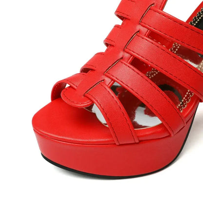 Women's leather strappy platform high-heel sandals with wide fit and buckle ankle-straps