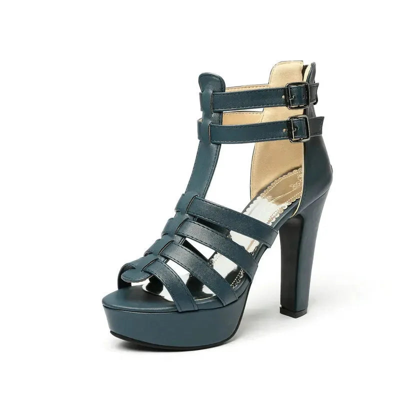 Women's leather strappy platform high-heel sandals with wide fit and buckle ankle-straps