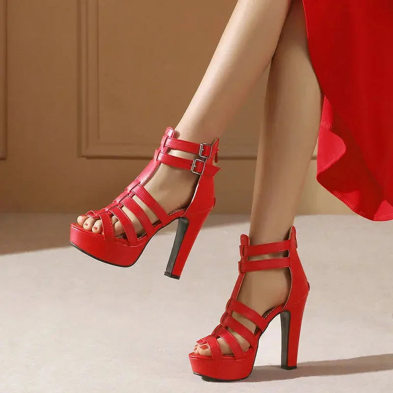 Women's leather strappy platform high-heel sandals with wide fit and buckle ankle-straps – Red