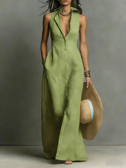 Women's sleeveless button-down maxi dress with collared V-neck and pockets – Army green
