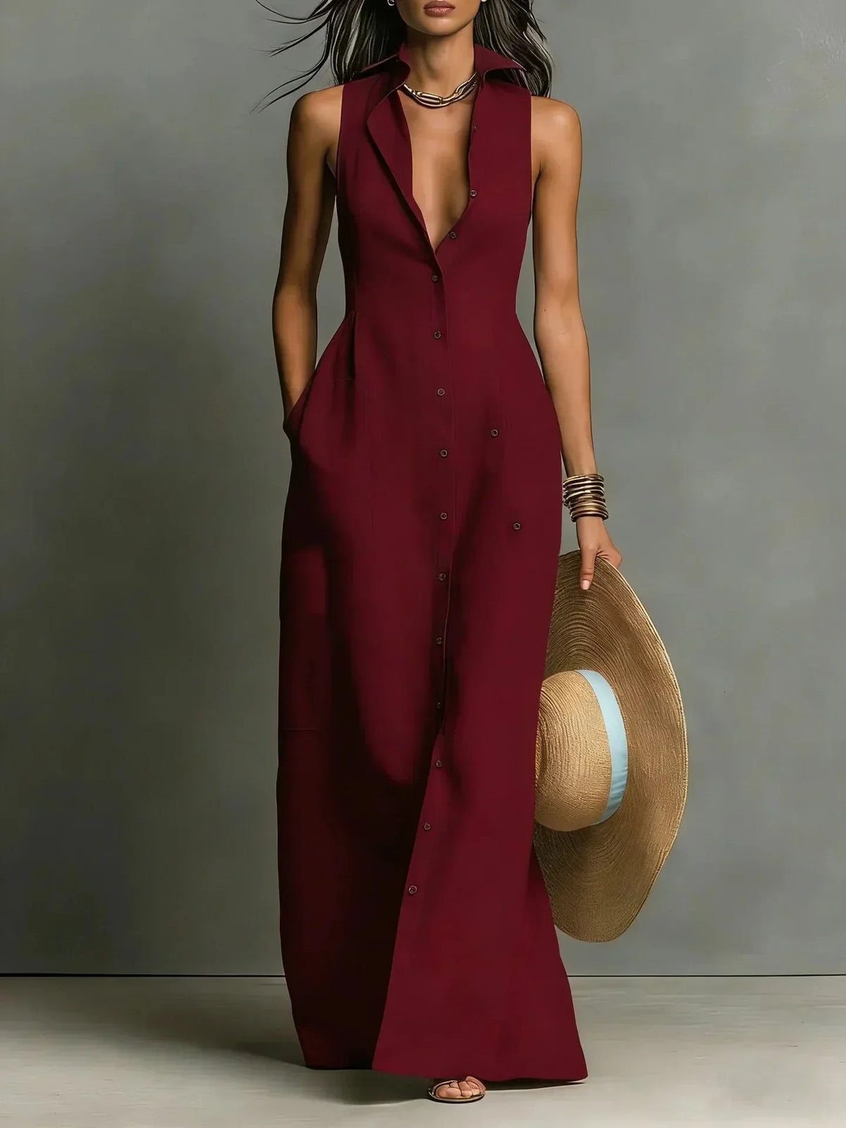 Women's sleeveless button-down maxi dress with collared V-neck and pockets – Burgundy