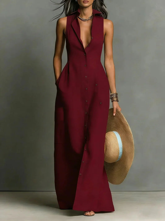 Women's sleeveless button-down maxi dress with collared V-neck and pockets – Burgundy