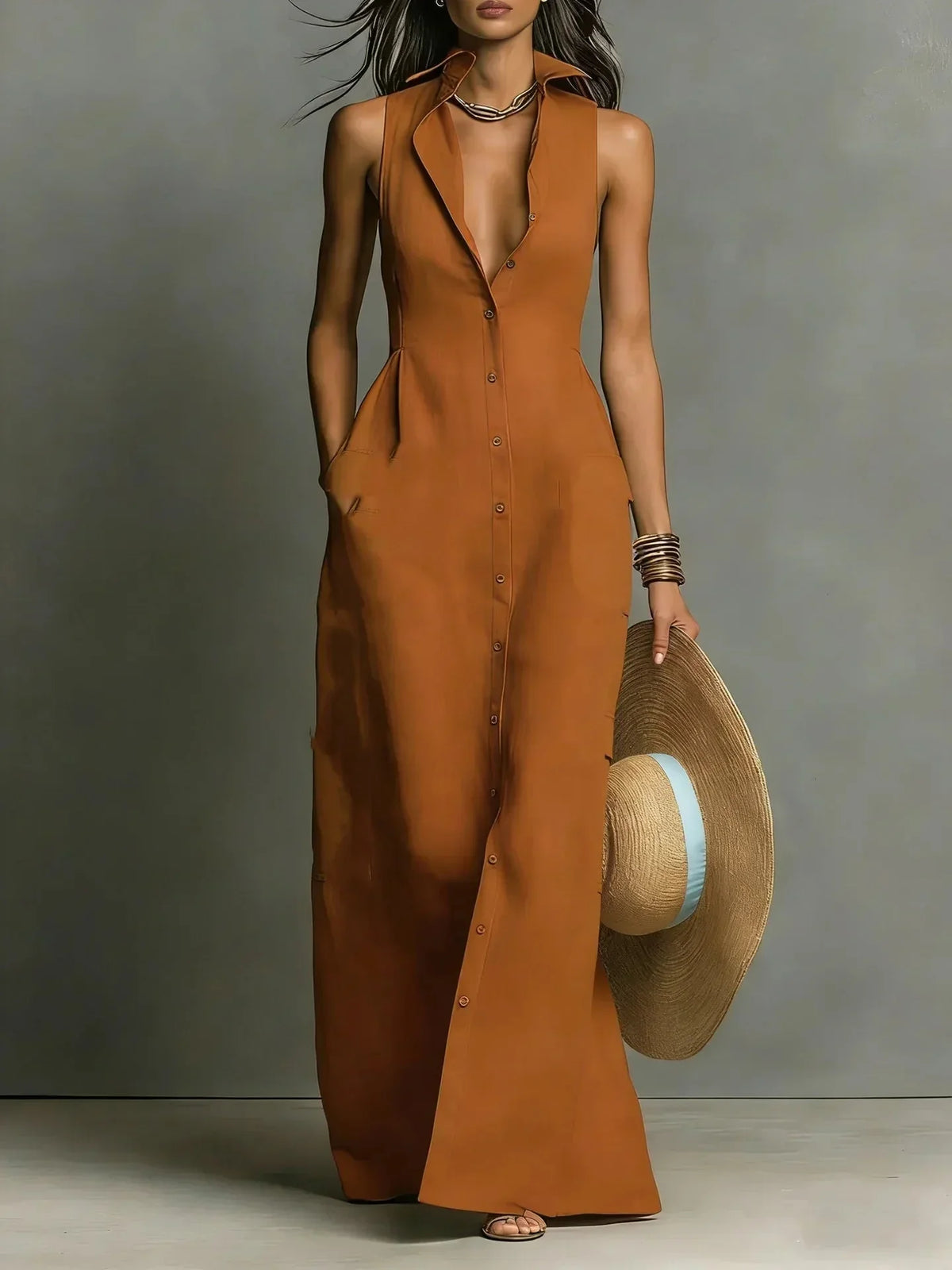 Women's sleeveless button-down maxi dress with collared V-neck and pockets – Light Brown