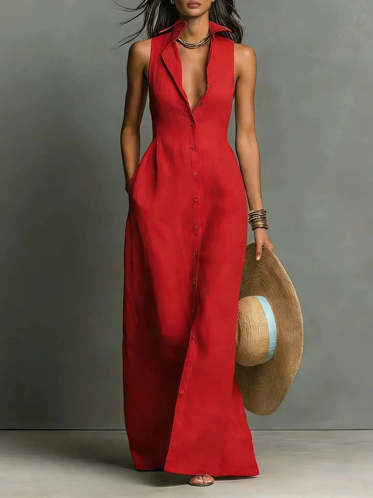 Women's sleeveless button-down maxi dress with collared V-neck and pockets – Red
