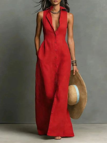 Women's sleeveless button-down maxi dress with collared V-neck and pockets – Red