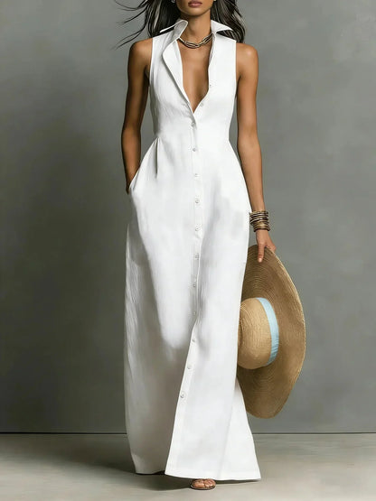Women's sleeveless button-down maxi dress with collared V-neck and pockets – White
