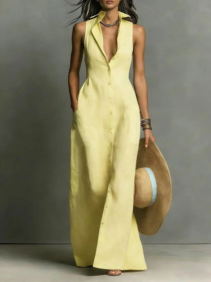 Women's sleeveless button-down maxi dress with collared V-neck and pockets – Yellow