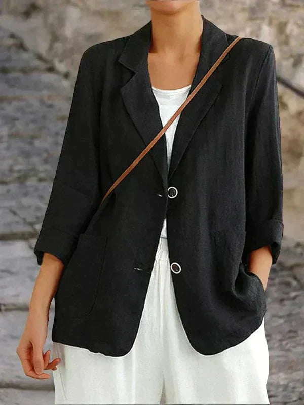 Women's relaxed linen blazer with two-button front and 3/4 sleeve denim jacket