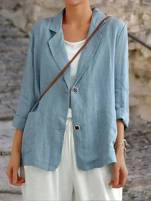 Women's relaxed linen blazer with two-button front and 3/4 sleeve denim jacket – Light Blue