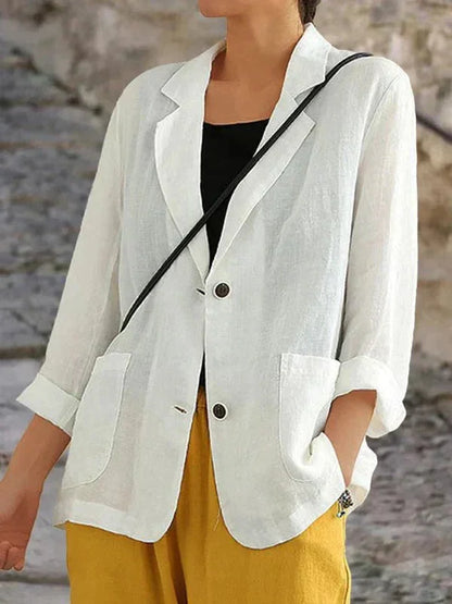 Women's relaxed linen blazer with two-button front and 3/4 sleeve denim jacket – White