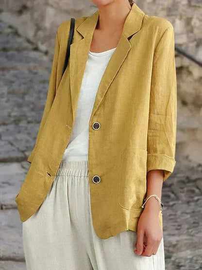 Women's relaxed linen blazer with two-button front and 3/4 sleeve denim jacket – Yellow