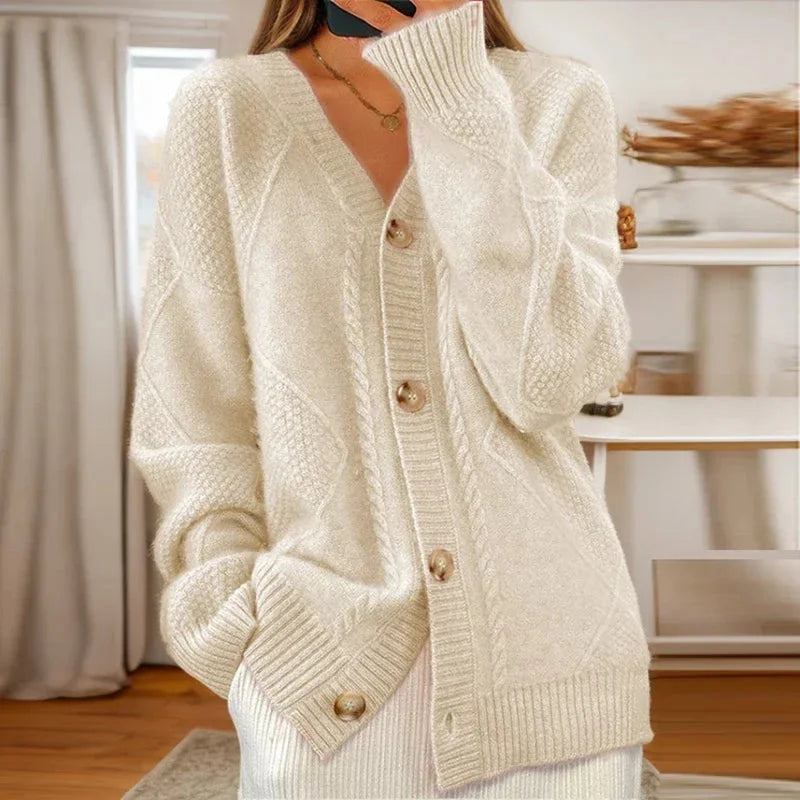 Women's relaxed-fit cable knit cardigan sweater with V-neck button-front – Beige
