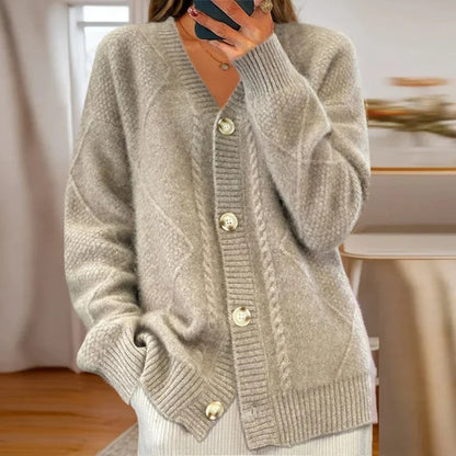 Women's relaxed-fit cable knit cardigan sweater with V-neck button-front – Grey