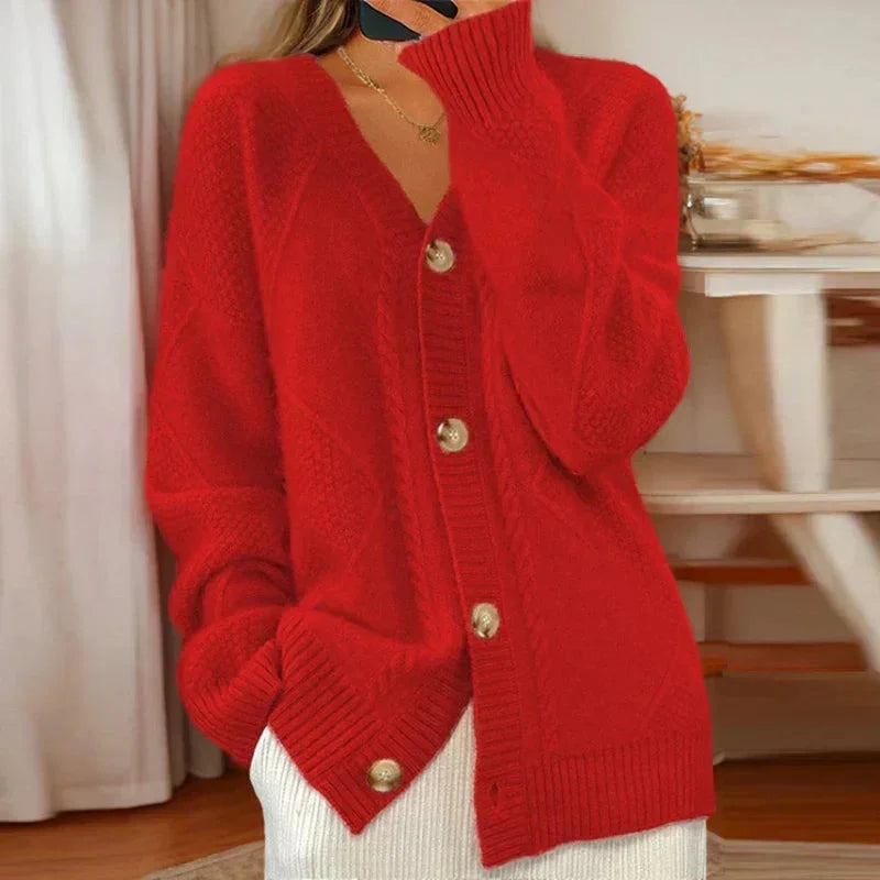 Women's relaxed-fit cable knit cardigan sweater with V-neck button-front – Red