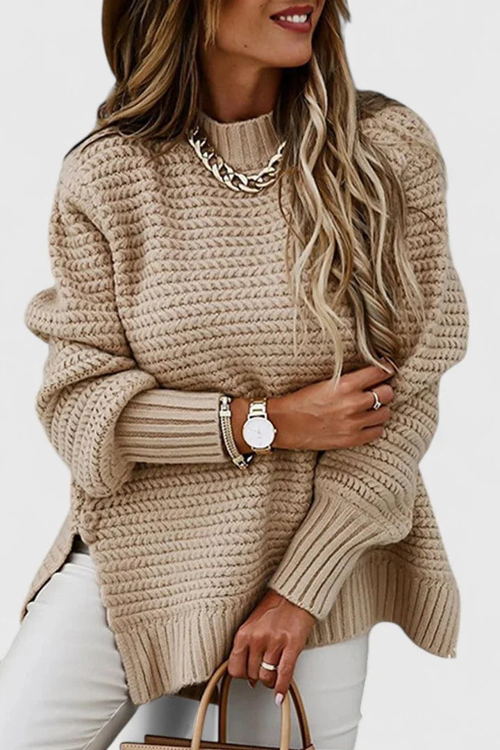 Women's relaxed-fit chunky knit sweater with mock neck and side-slit hem