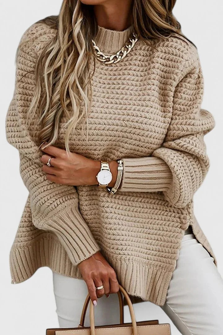 Women's relaxed-fit chunky knit sweater with mock neck and side-slit hem – Apricot