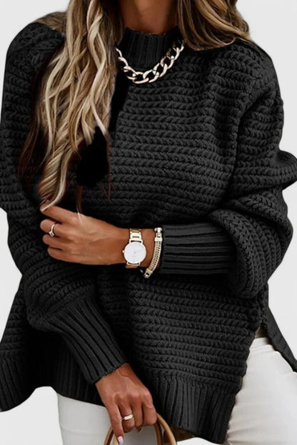 Women's relaxed-fit chunky knit sweater with mock neck and side-slit hem – Black