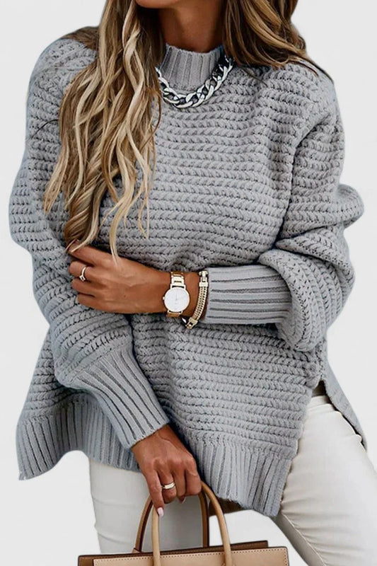 Women's relaxed-fit chunky knit sweater with mock neck and side-slit hem – Grey