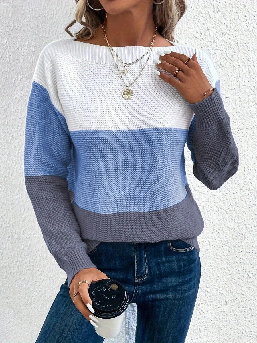 Women's relaxed-fit color-block crewneck knit sweater – Blue
