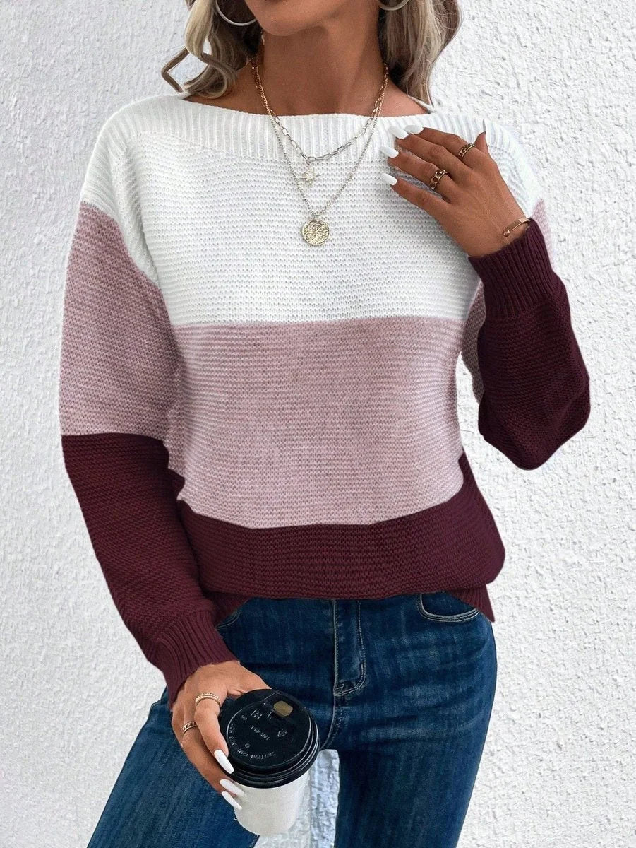 Women's relaxed-fit color-block crewneck knit sweater – Burgundy