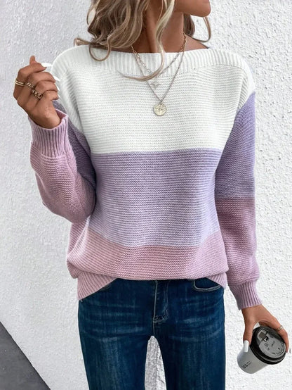 Women's relaxed-fit color-block crewneck knit sweater – Purple