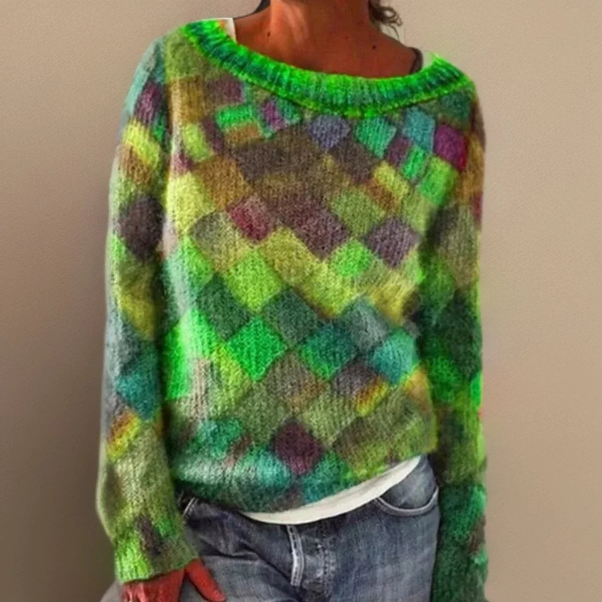 Women's relaxed-fit colorblock argyle knit sweater – Green