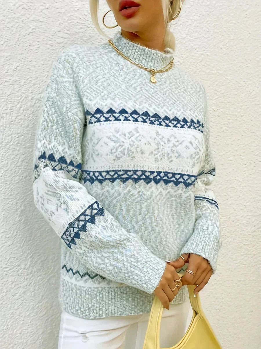 Women's relaxed fit Fair Isle knit sweater with mock neck and long sleeves