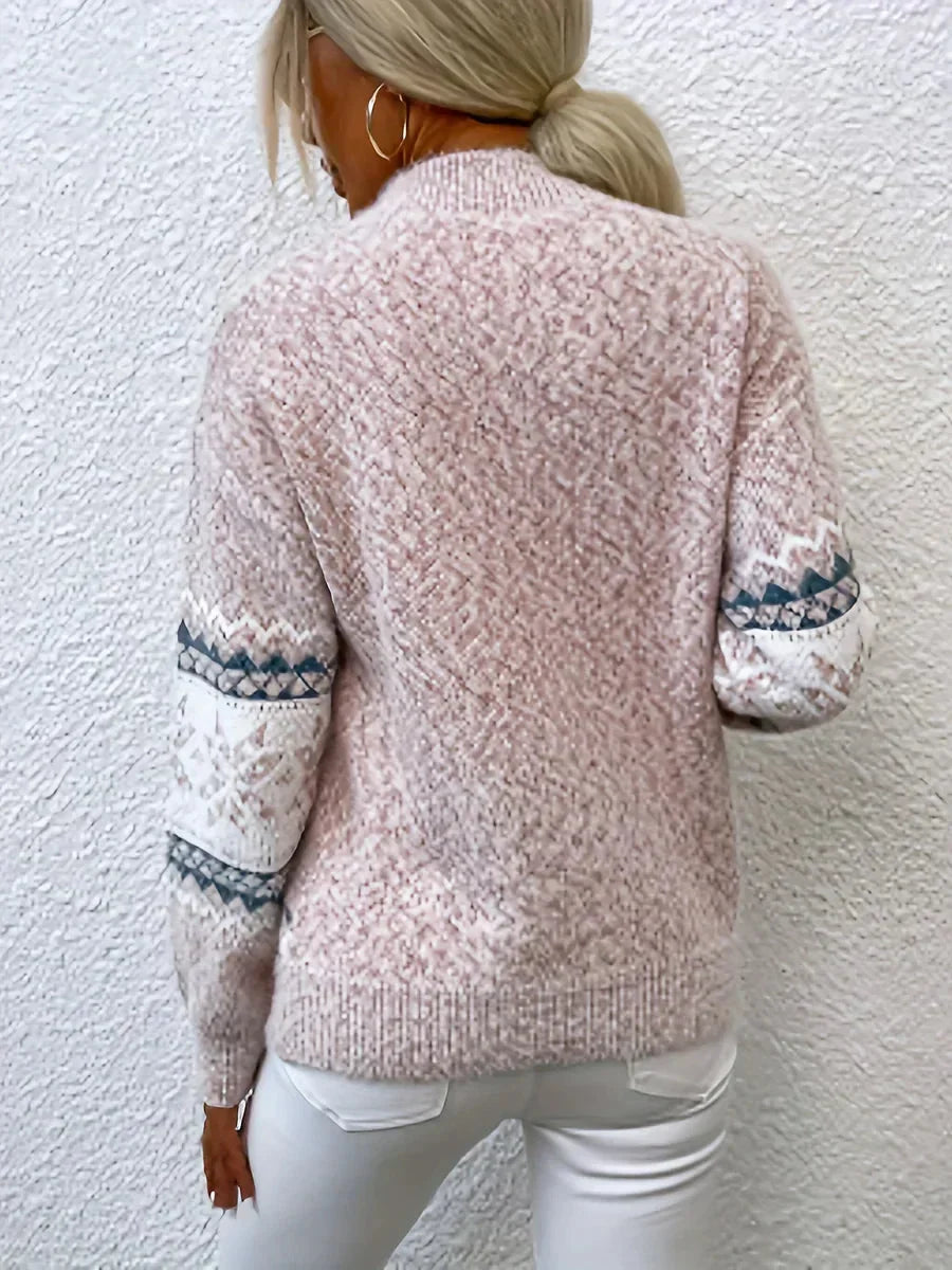 Women's relaxed fit Fair Isle knit sweater with mock neck and long sleeves