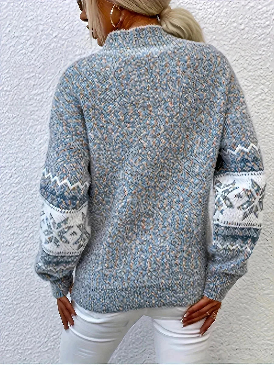 Women's relaxed fit Fair Isle knit sweater with mock neck and long sleeves
