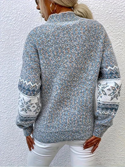 Women's relaxed fit Fair Isle knit sweater with mock neck and long sleeves