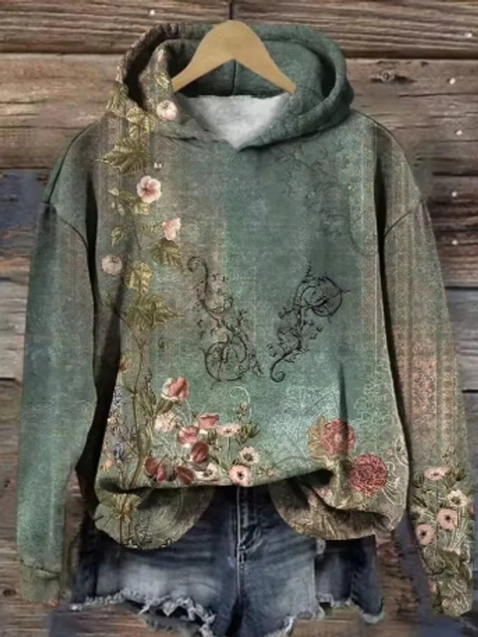 Women's relaxed-fit floral print hooded knit sweater – One Color
