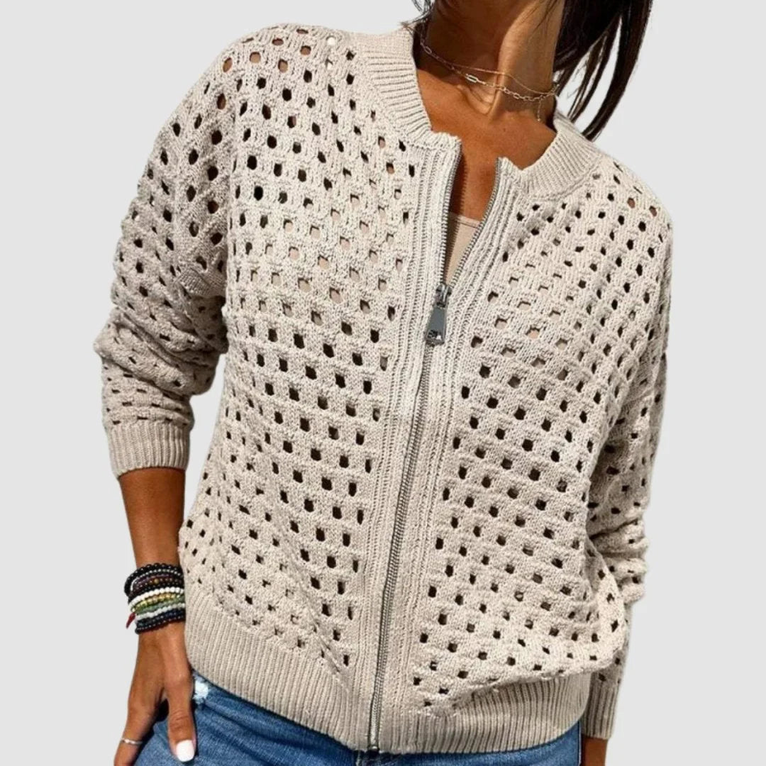 Women's relaxed-fit hollow-knit zip-up cardigan – Beige